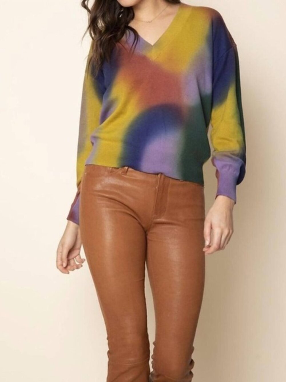 27 Miles Cotton Cashmere Blend Ombre V-Neck Sweater S Soft Luxe